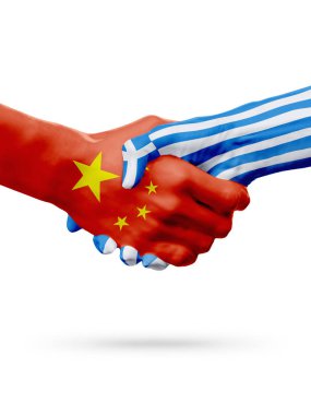 Çin, Yunanistan ülke, ortaklık dostluk el sıkışması kavramı işaretler. 3D çizim