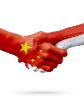 Çin, Monaco ülkeler, ortaklık dostluk el sıkışması kavramı işaretler. 3D çizim