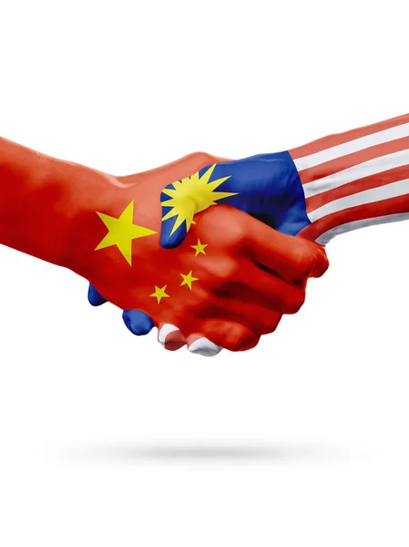 中国、マレーシア国、友好握手なパートナーシップの概念をフラグです。3 d イラストレーション — ストック写真