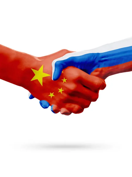 Флаги Китай, Россия страны, партнерские дружеские рукопожатия концепции. 3D иллюстрация — стоковое фото