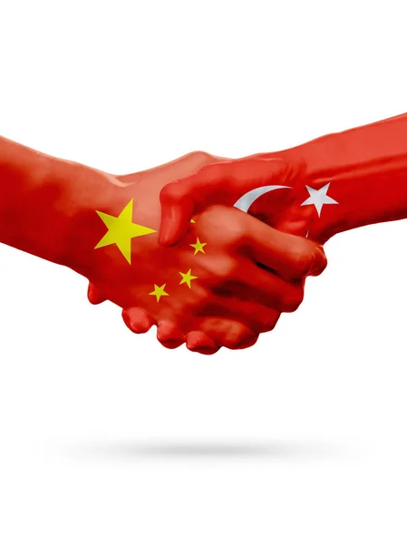 标志中国，土耳其国家、 伙伴关系友谊握手的概念。3d 图 — 图库照片