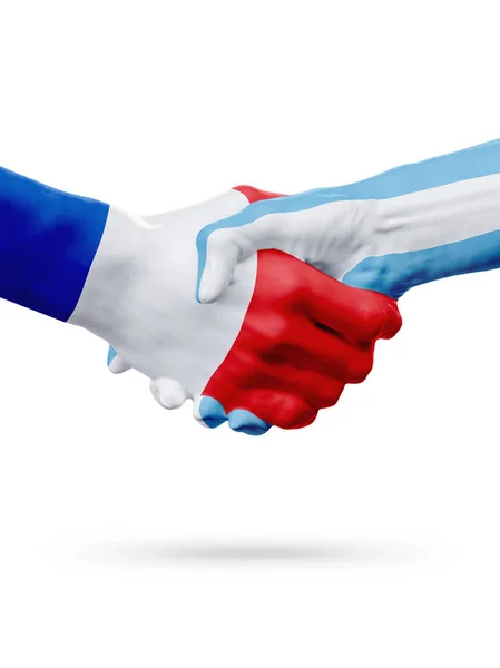 Franciaország, Argentína országok, a partnerségi baráti kézfogás koncepciója zászlók. 3D-s illusztráció — Stock Fotó