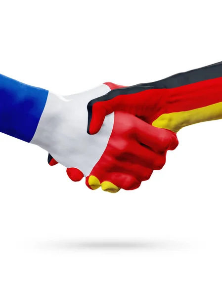 Banderas Francia, Alemania países, asociación amistad apretón de manos concepto. Ilustración 3D — Foto de Stock