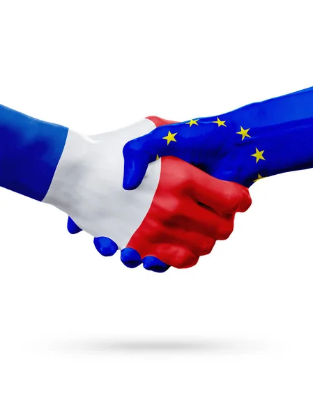Vlaggen Frankrijk, landen van de Europese Unie, partnerschap vriendschap handdruk concept. 3D illustratie — Stockfoto
