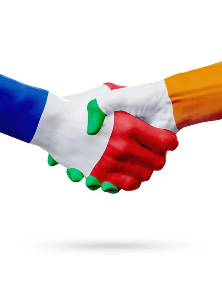 Bandeiras França, Irlanda países, parceria amizade handshake conceito. Ilustração 3D — Fotografia de Stock