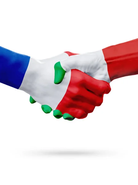 Zászlók, Franciaország, Olaszország-országok, a partnerségi baráti kézfogás koncepciója. 3D-s illusztráció — Stock Fotó