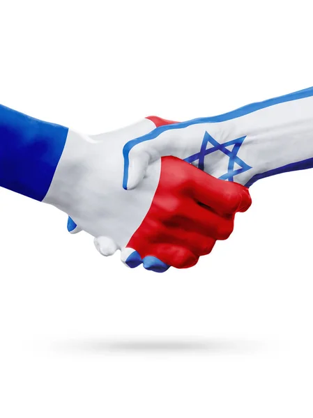 Bandeiras França, Israel países, parceria amizade aperto de mão conceito. Ilustração 3D — Fotografia de Stock
