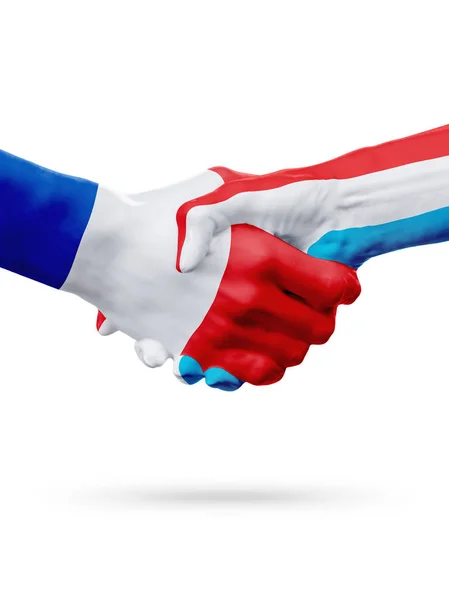 Zászlók, Franciaország, Luxemburg országok, a partnerségi baráti kézfogás koncepciója. 3D-s illusztráció — Stock Fotó