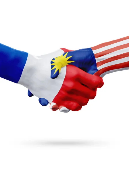 Banderas Francia, Malasia países, asociación amistad apretón de manos concepto. Ilustración 3D — Foto de Stock