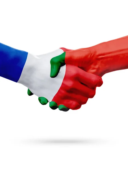 Flags France, Portugal countries, partnership friendship handshake concept. 3D illustration — Stock Photo, Image