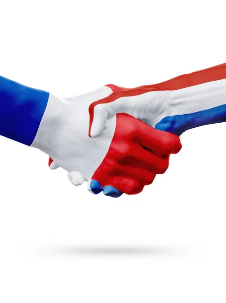 Banderas Francia, Países Bajos, asociación amistad apretón de manos concepto. Ilustración 3D — Foto de Stock