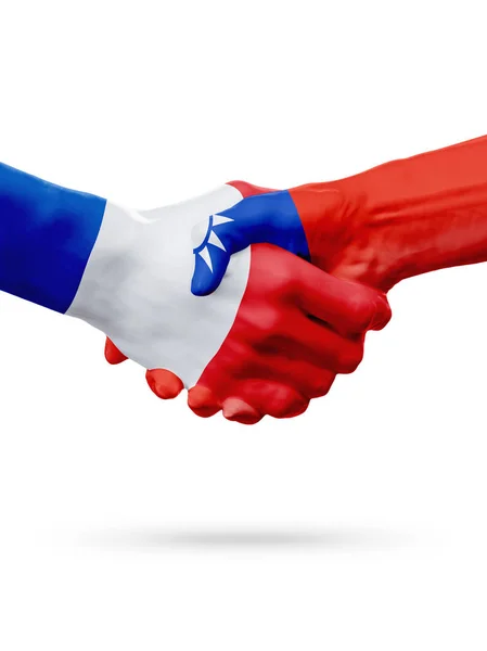 Příznaky Francie, země Tchaj-wan, koncept partnerství handshake přátelství. 3D obrázek — Stock fotografie