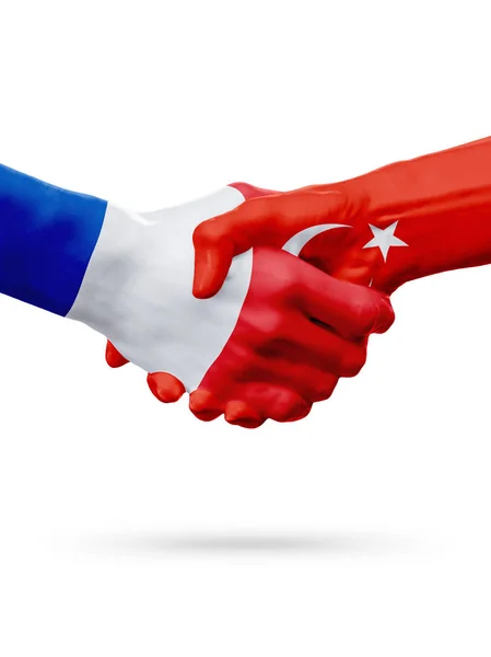 Flaggor Frankrike, Turkiet länder, partnerskap vänskap handslag koncept. 3D illustration — Stockfoto