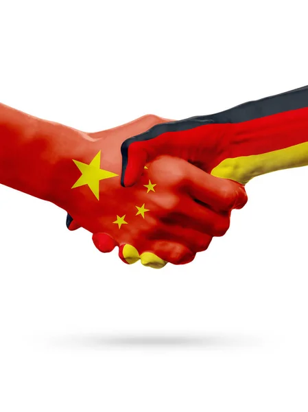 Banderas China, Alemania países, asociación amistad apretón de manos concepto. Ilustración 3D —  Fotos de Stock