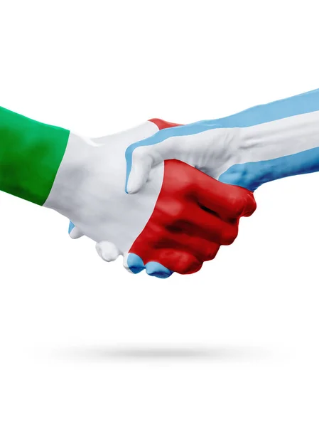 Bandiere Italia, Argentina paesi, partenariato amicizia stretta di mano concetto. Illustrazione 3D — Foto Stock