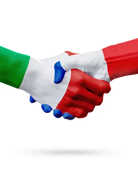 Flaggen Italien, Frankreich Länder, Partnerschaft Freundschaft Handschlag Konzept. — Stockfoto