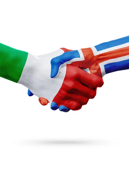 Vlaggen Italië, IJsland landen, partnerschap vriendschap handdruk concept. — Stockfoto