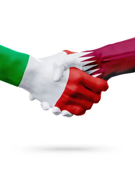 Vlaggen Italië, Qatar landen, partnerschap vriendschap handdruk concept. — Stockfoto