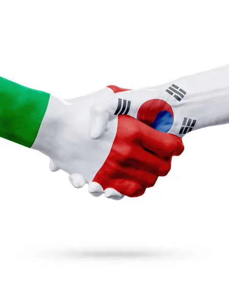 Banderas Italia, Corea del Sur países, asociación amistad apretón de manos concepto . — Foto de Stock