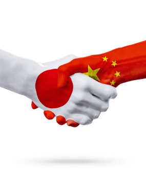 Japonya, Çin ülke, ortaklık dostluk el sıkışması kavramı bayraklar.