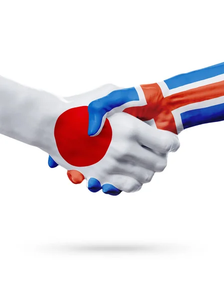 Zászlók Japán, Izland országok, a partnerségi baráti kézfogás koncepciója. — Stock Fotó