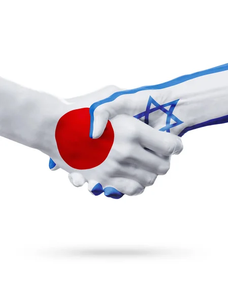 Bandeiras Japão, Israel países, parceria amizade aperto de mão conceito . — Fotografia de Stock