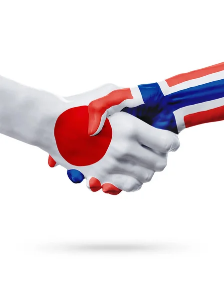 标志日本、 挪威国家，伙伴关系友谊握手的概念. — 图库照片