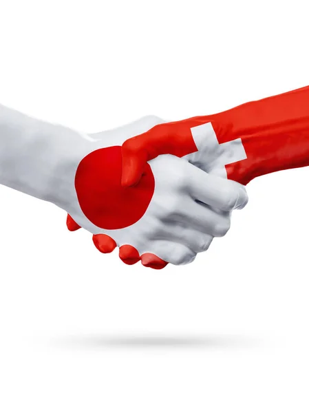 Bandeiras Japão, Suíça países, parceria amizade handshake conceito . — Fotografia de Stock
