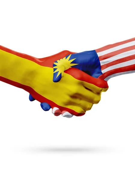 Zászlók Spanyolország, Malajzia ország, a partnerség baráti kézfogás koncepciója. — Stock Fotó