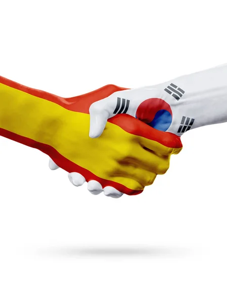 Zászlók, Spanyolország, Dél-Korea-országok, a partnerségi baráti kézfogás koncepciója. — Stock Fotó
