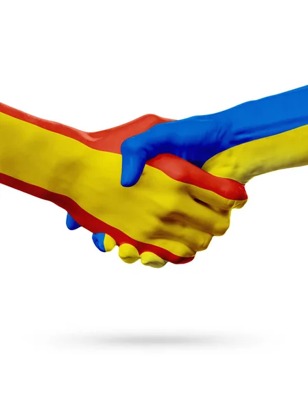 stock image Flags Spain, Ukraine countries, partnership friendship handshake concept.