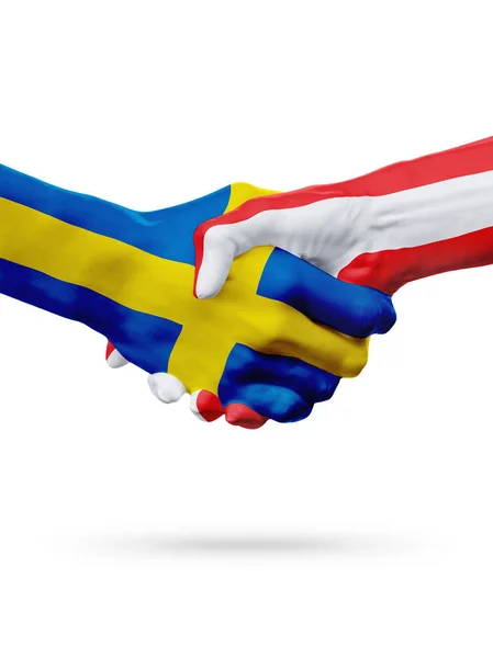 Flaggor Sverige Österrike länder, partnerskap vänskap handslag koncept. — Stockfoto
