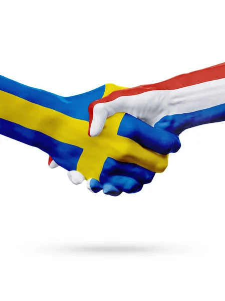Flaggor Sverige Nederländerna länder, partnerskap vänskap handslag koncept. — Stockfoto