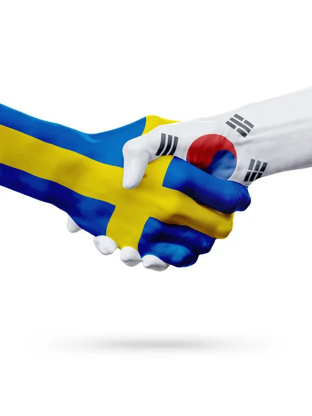 Flaggor Sverige Sydkorea länder, partnerskap vänskap handslag koncept. — Stockfoto
