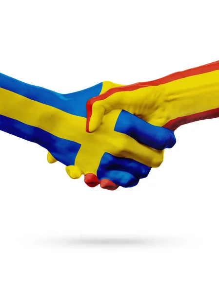 Прапори Швеції, Іспанії країн, Концепція партнерства дружби рукостискання. — стокове фото