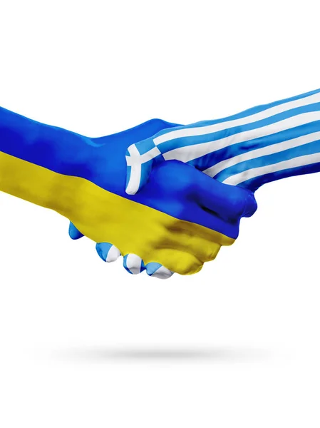 Banderas Ucrania, Grecia países, asociación amistad apretón de manos concepto. Ilustración 3D —  Fotos de Stock