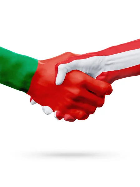 标志葡萄牙，奥地利国家、 伙伴关系友谊握手的概念. — 图库照片