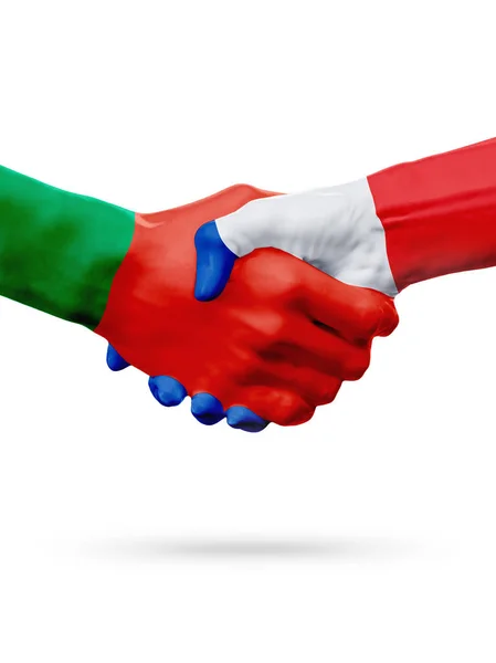 Flaggen portugal, französisch länder, partnerschaft freundschaft handshake konzept. — Stockfoto