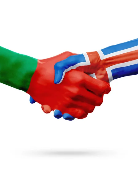 Zászlók Portugália, Izland országok, a partnerségi baráti kézfogás koncepciója. — Stock Fotó