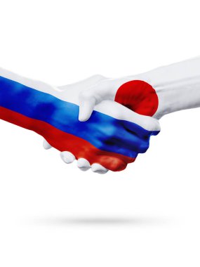 Rusya, Japonya ülkelerde, ortaklık dostluk el sıkışması kavramı bayraklar.