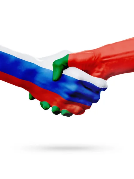 Bandeiras Rússia, Portugal países, parceria amizade aperto de mão conceito . — Fotografia de Stock