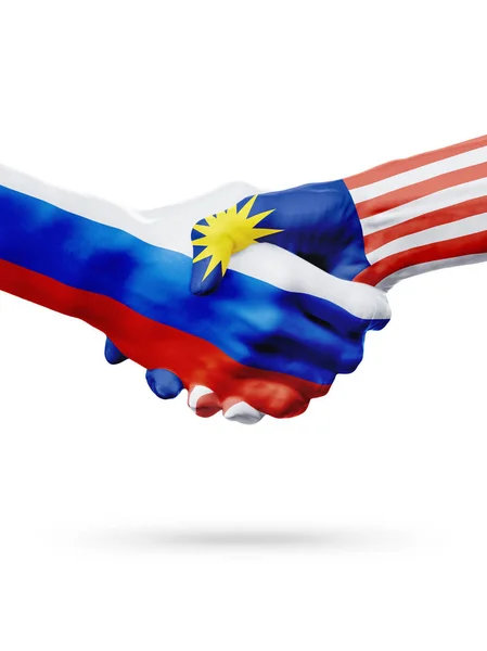 Banderas Rusia, Malasia países, asociación amistad apretón de manos concepto . — Foto de Stock