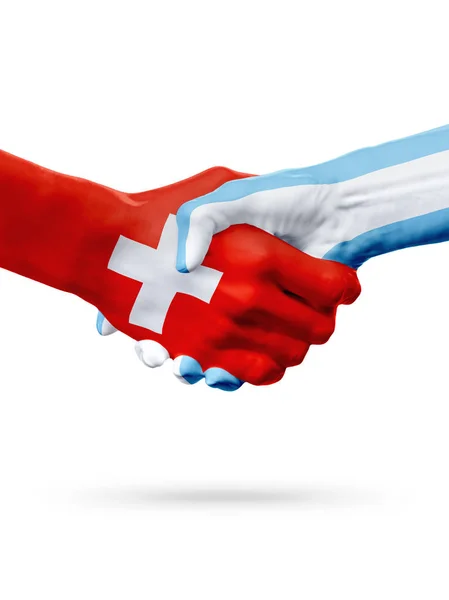 Bandeiras Suíça, Argentina países, parceria amizade handshake conceito . — Fotografia de Stock
