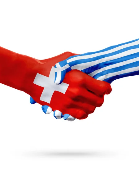 Příznaky Švýcarsku, zemích Řecko, koncept partnerství handshake přátelství. — Stock fotografie