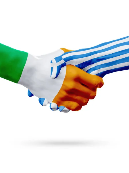 Flaggen Irland, Griechenland Länder, Partnerschaft Freundschaft Handshake-Konzept. — Stockfoto