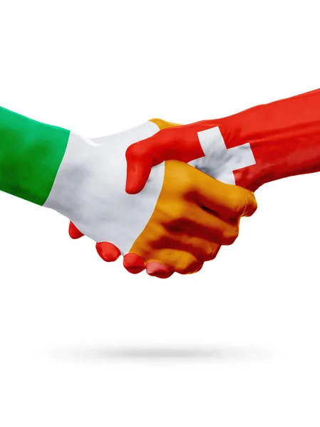Vlaggen Ierland, Zwitserland landen, partnerschap vriendschap handdruk concept. — Stockfoto