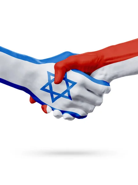 Bandeiras de Israel, países de Mônaco, o conceito de parceria amizade aperto de mão. — Fotografia de Stock