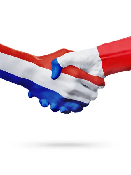 Bandeiras de Países Baixos, países França, conceito de parceria amizade aperto de mão. — Fotografia de Stock