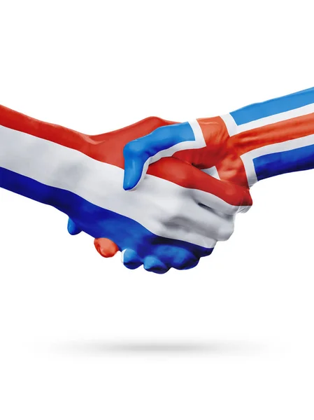 Banderas Países Bajos, Islandia, asociación amistad apretón de manos concepto . — Foto de Stock