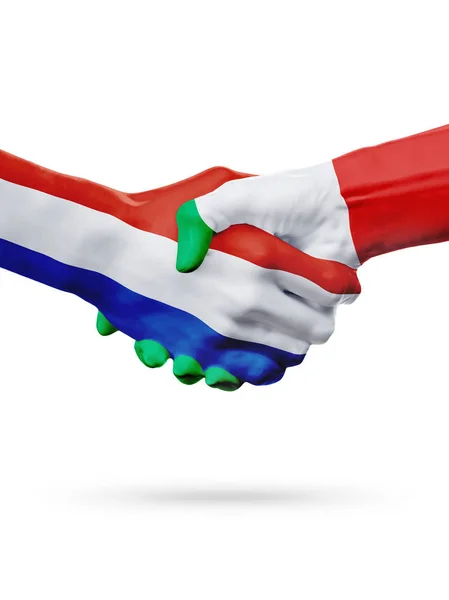Banderas Países Bajos, Italia países, asociación amistad apretón de manos concepto . — Foto de Stock